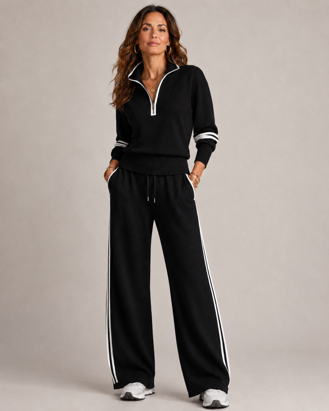 Women's Quarter-Zip Wide Leg Pant Set - Black