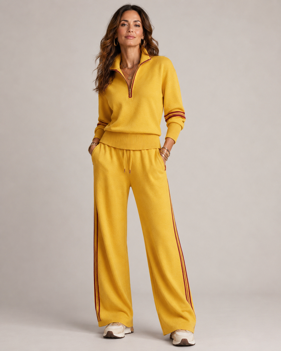 Women's Quarter-Zip Wide Leg Pant Set - Mustard Yellow