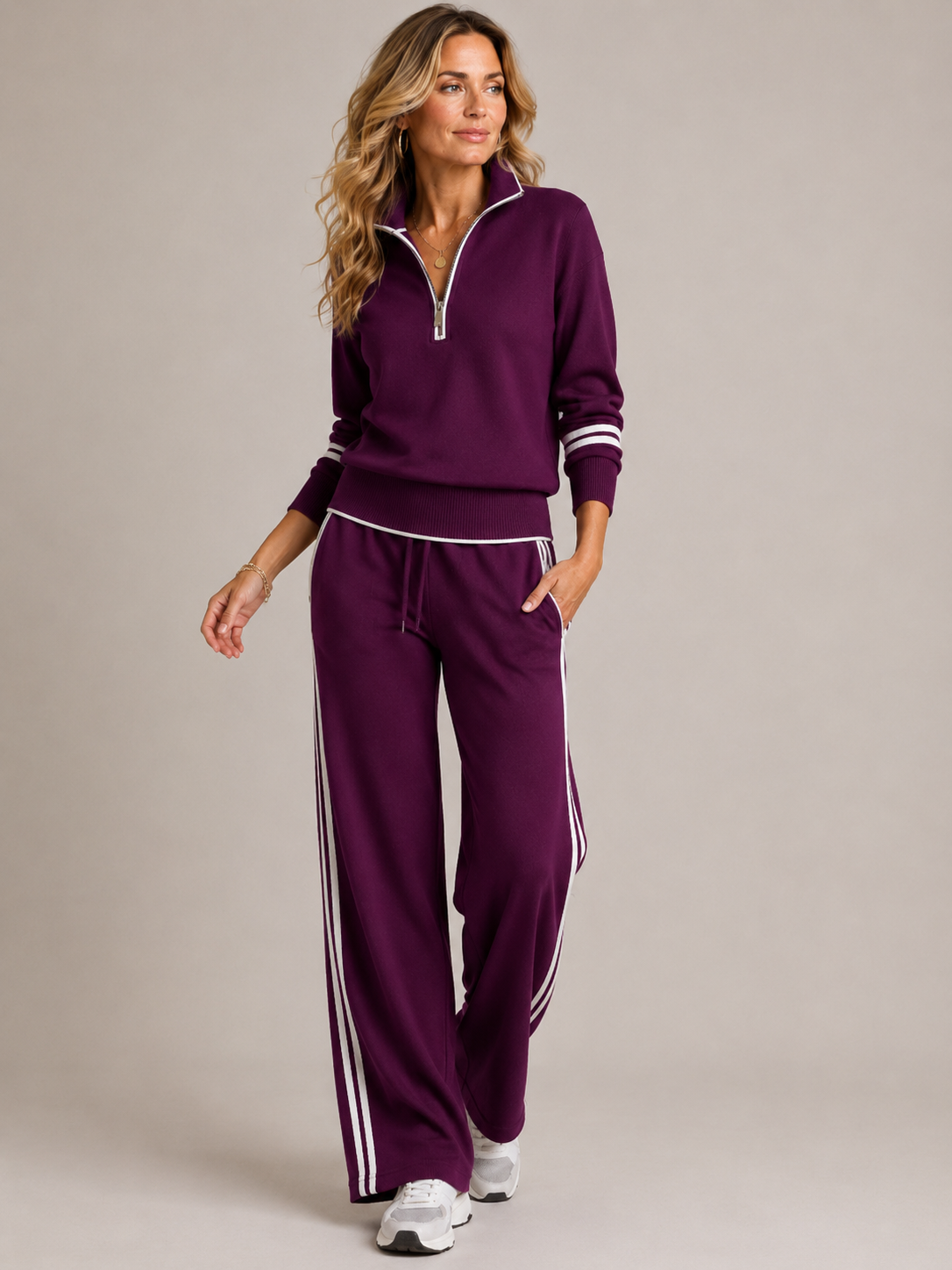 Women's Quarter-Zip Wide Leg Pant Set - Purple