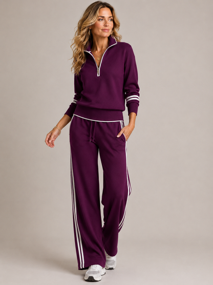 Women's Quarter-Zip Wide Leg Pant Set - Purple
