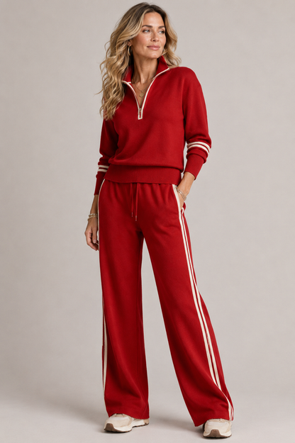 Women's Quarter-Zip Wide Leg Pant Set - Red