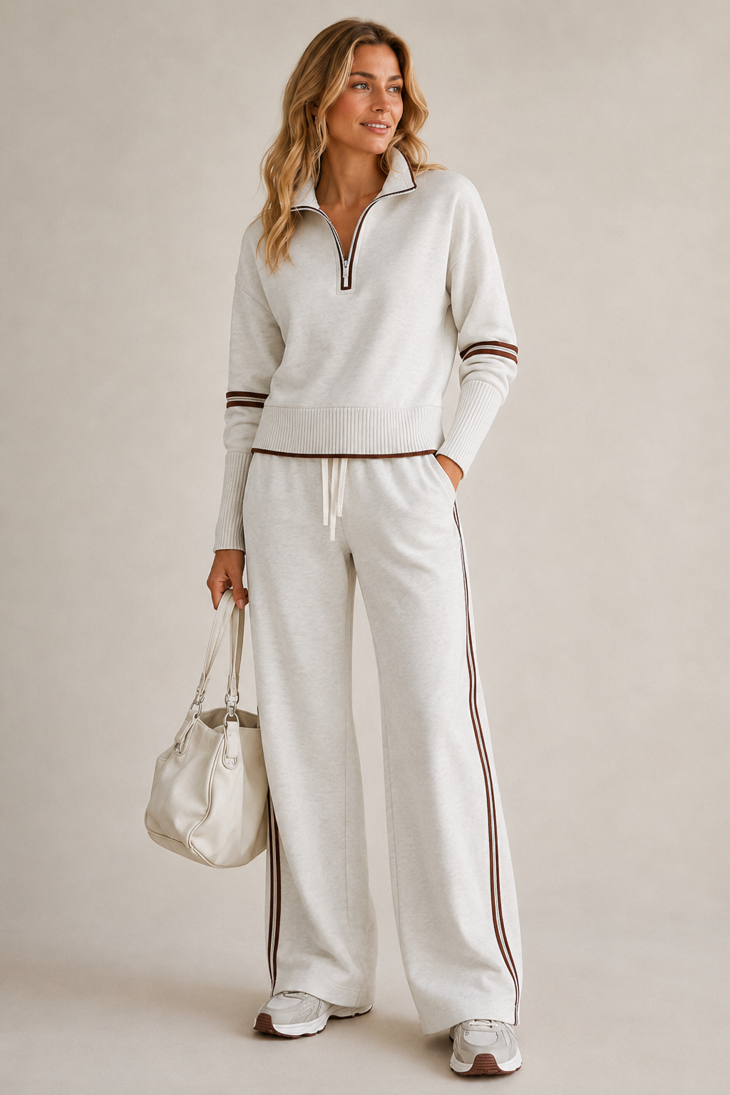 Women's Quarter-Zip Wide Leg Pant Set - White