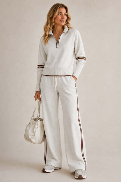 Women's Quarter-Zip Wide Leg Pant Set - White