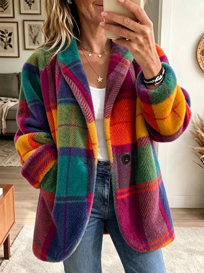 Women's Rainbow Plaid Collared Button-Front Jacket - Rainbow Plaid