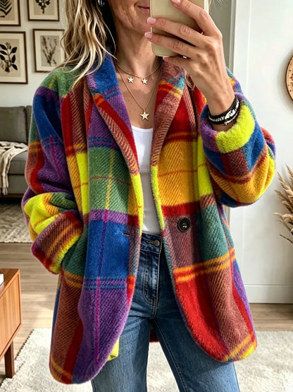 Women's Rainbow Plaid Collared Button-Front Jacket - Rainbow Plaid