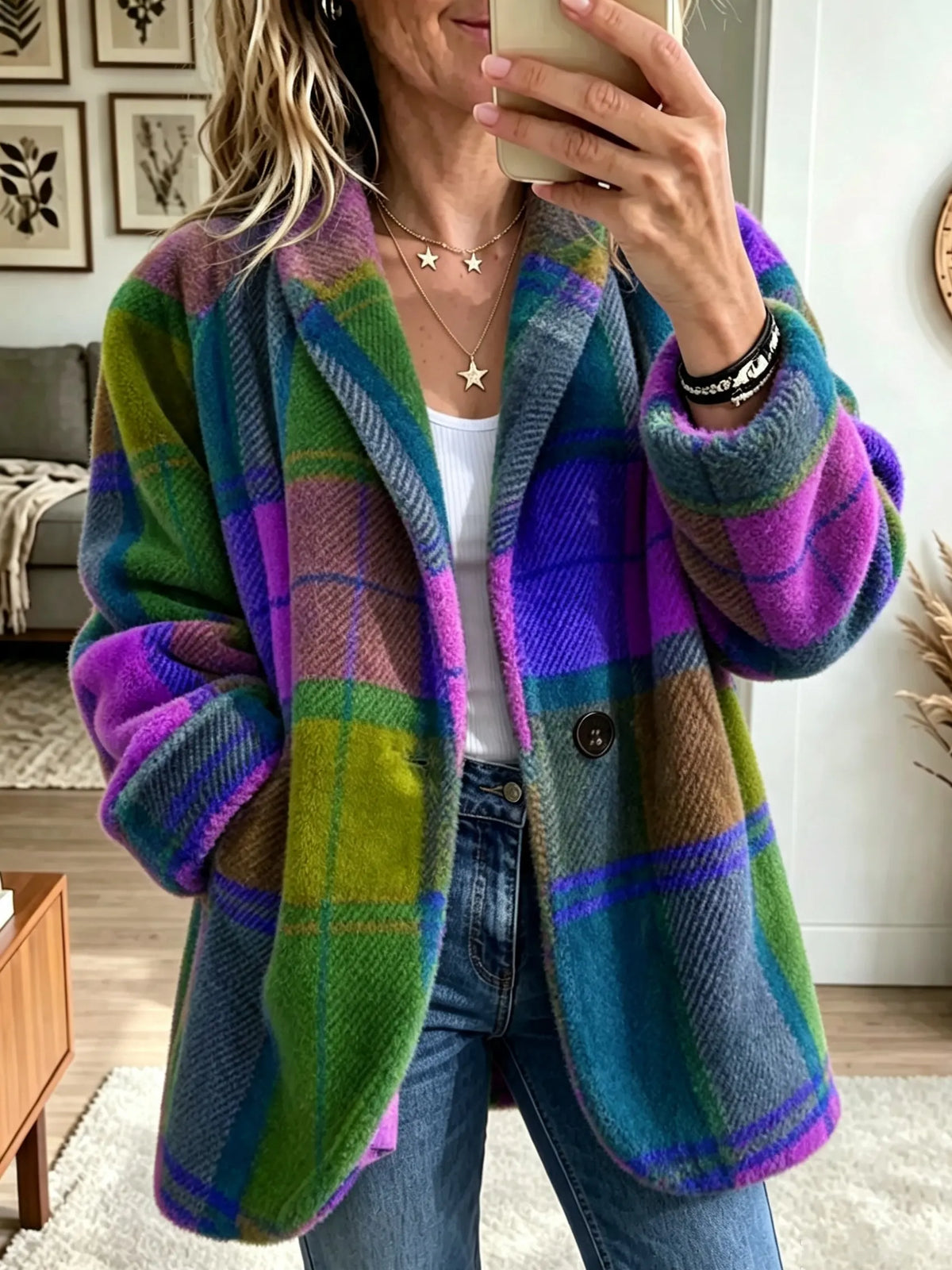 Women's Rainbow Plaid Collared Button-Front Jacket - Rainbow Plaid