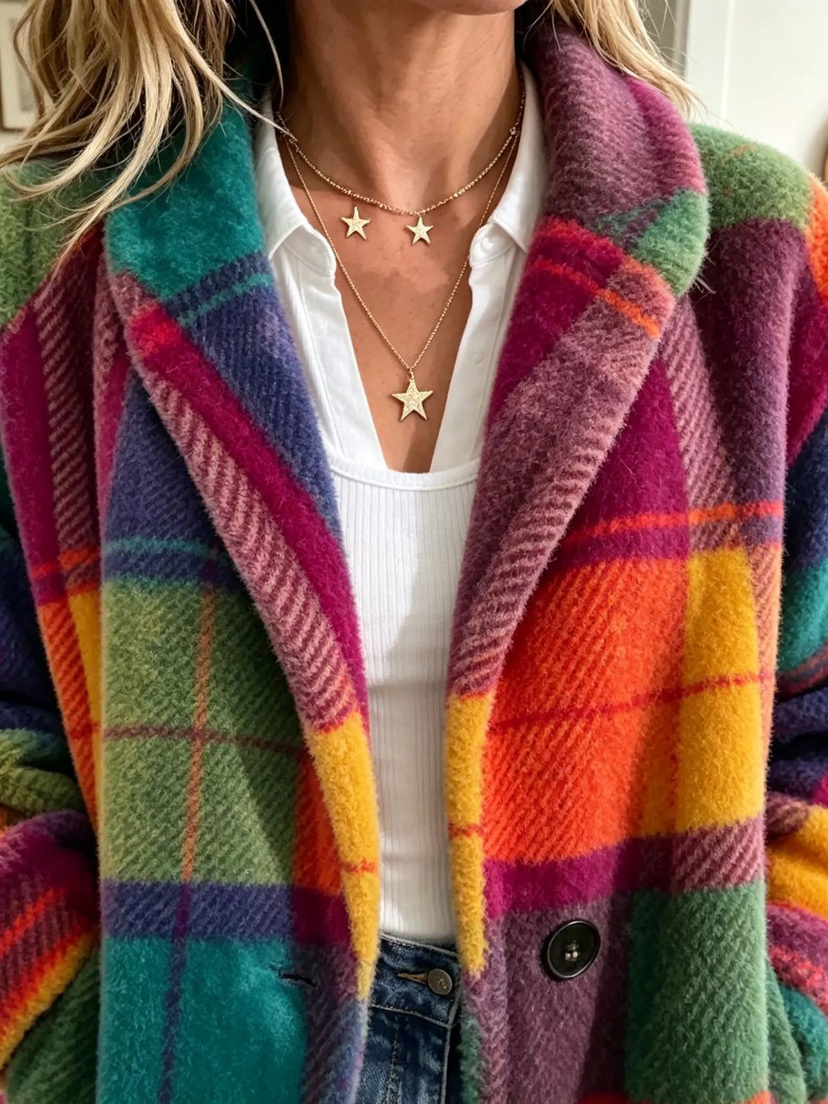Women's Rainbow Plaid Collared Button-Front Jacket - Rainbow Plaid