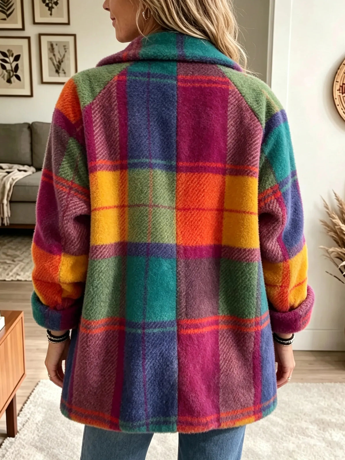Women's Rainbow Plaid Collared Button-Front Jacket - Rainbow Plaid