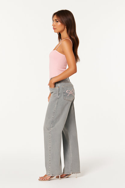 Women's Relaxed Blue Jeans with Bow Pockets - Light Blue