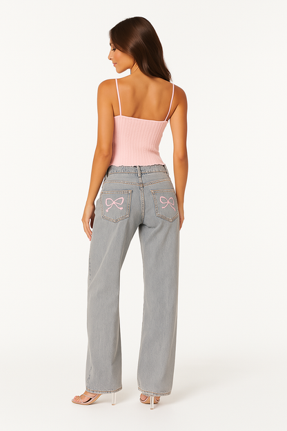 Women's Relaxed Blue Jeans with Bow Pockets - Light Blue
