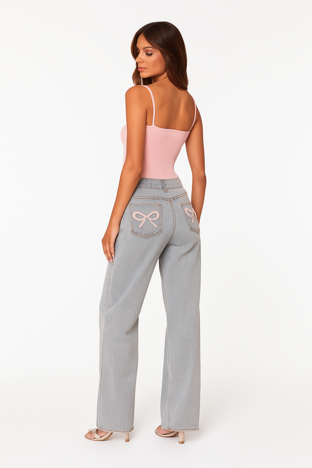 Women's Relaxed Blue Jeans with Bow Pockets - Light Blue
