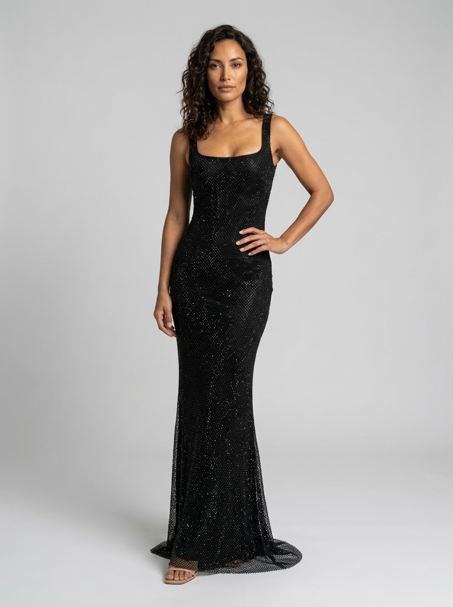 Women's Rhinestone Mesh Square Neck Formal Maxi Dress - Black