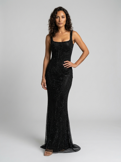 Women's Rhinestone Mesh Square Neck Formal Maxi Dress - Black