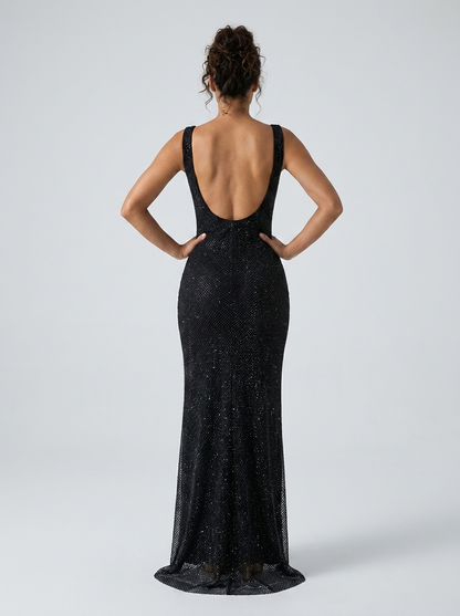 Women's Rhinestone Mesh Square Neck Formal Maxi Dress - Black