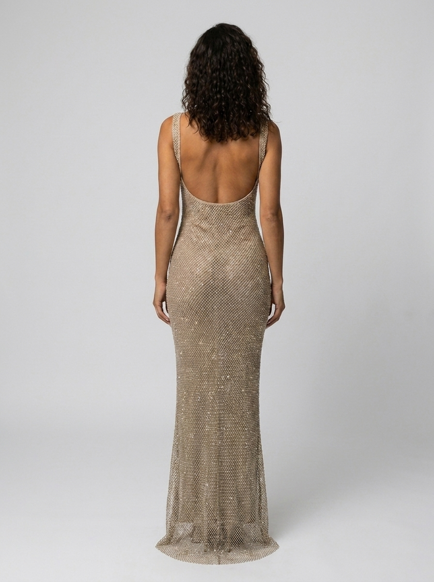 Women's Rhinestone Mesh Square Neck Formal Maxi Dress - Champagne Gold