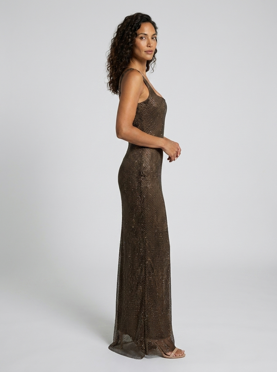 Women's Rhinestone Mesh Square Neck Formal Maxi Dress - Chocolate Brown