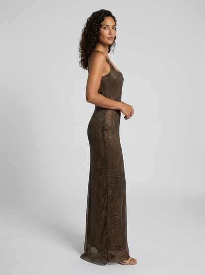 Women's Rhinestone Mesh Square Neck Formal Maxi Dress - Chocolate Brown