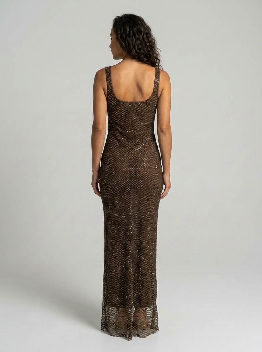Women's Rhinestone Mesh Square Neck Formal Maxi Dress - Chocolate Brown