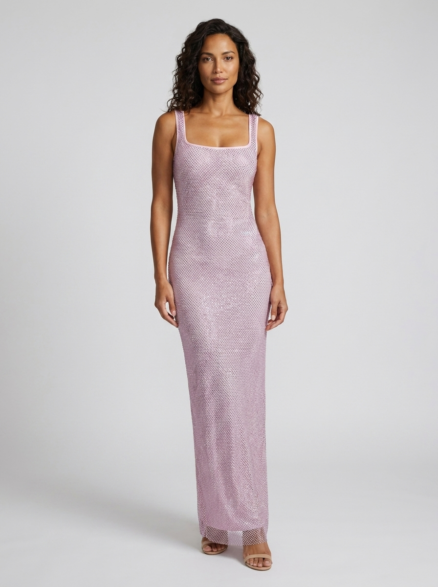 Women's Rhinestone Mesh Square Neck Formal Maxi Dress - Mauve Pink