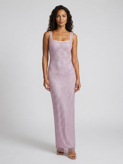 Women's Rhinestone Mesh Square Neck Formal Maxi Dress - Mauve Pink