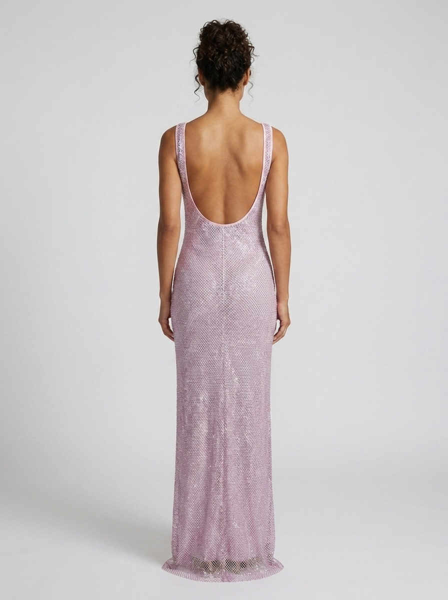 Women's Rhinestone Mesh Square Neck Formal Maxi Dress - Mauve Pink