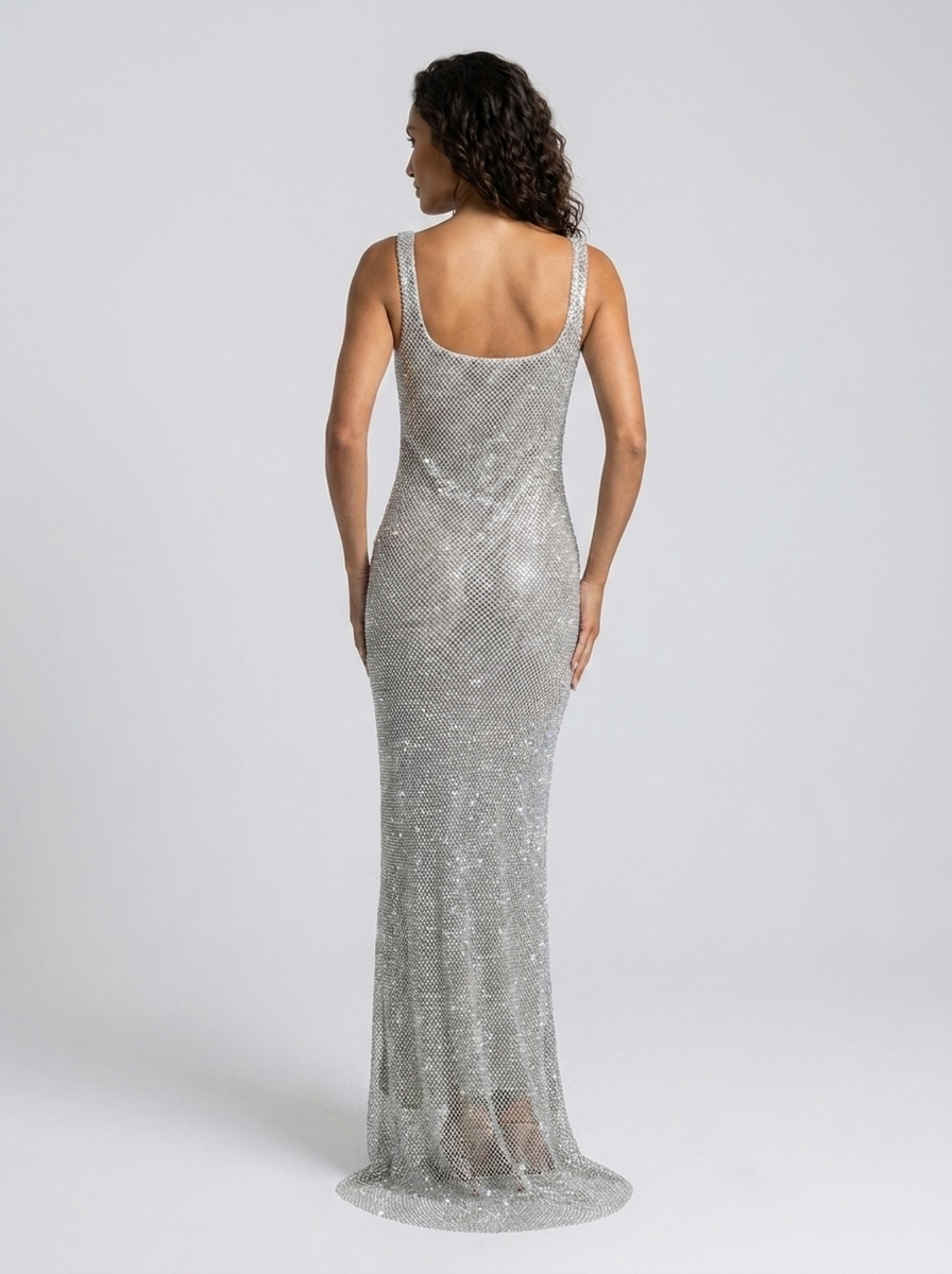 Women's Rhinestone Mesh Square Neck Formal Maxi Dress - Silver