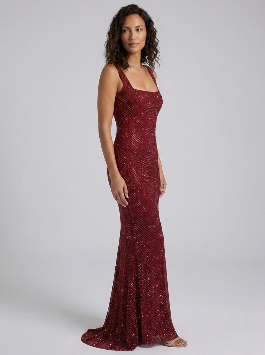Women's Rhinestone Mesh Square Neck Formal Maxi Dress - Wine Red