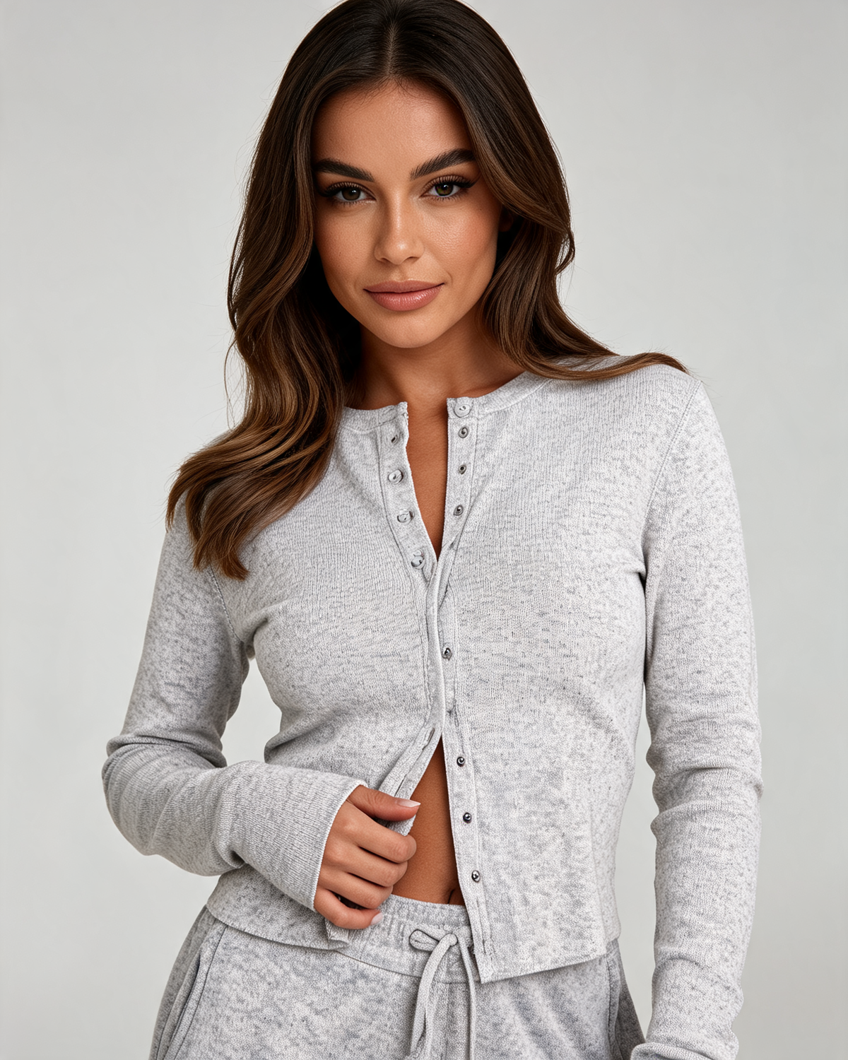 Women's Ribbed Button-Front Lounge Set - Heather Gray