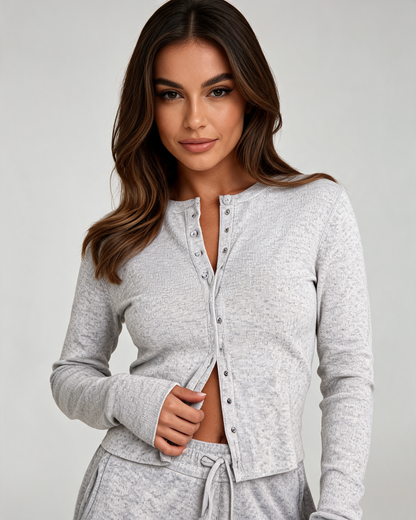 Women's Ribbed Button-Front Lounge Set - Heather Gray