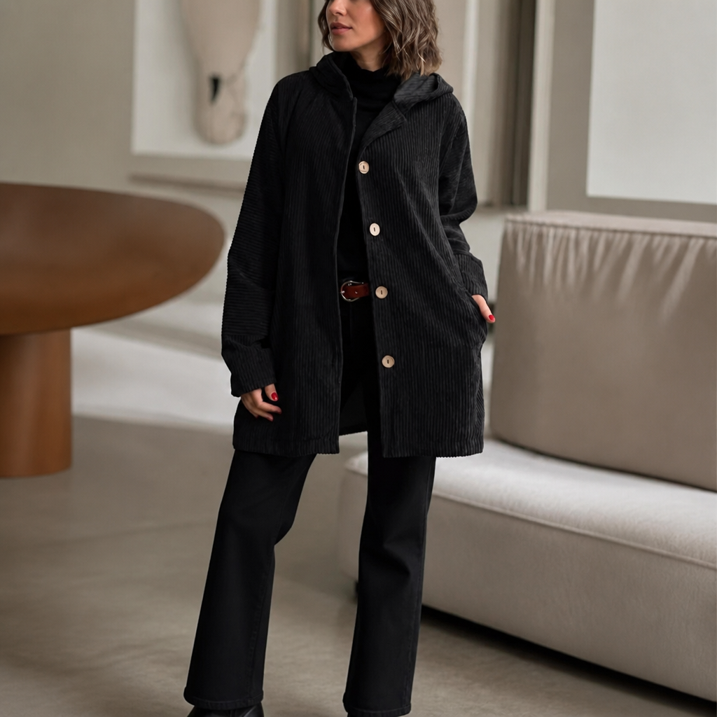 Women's Ribbed Corduroy Hooded Top - Black