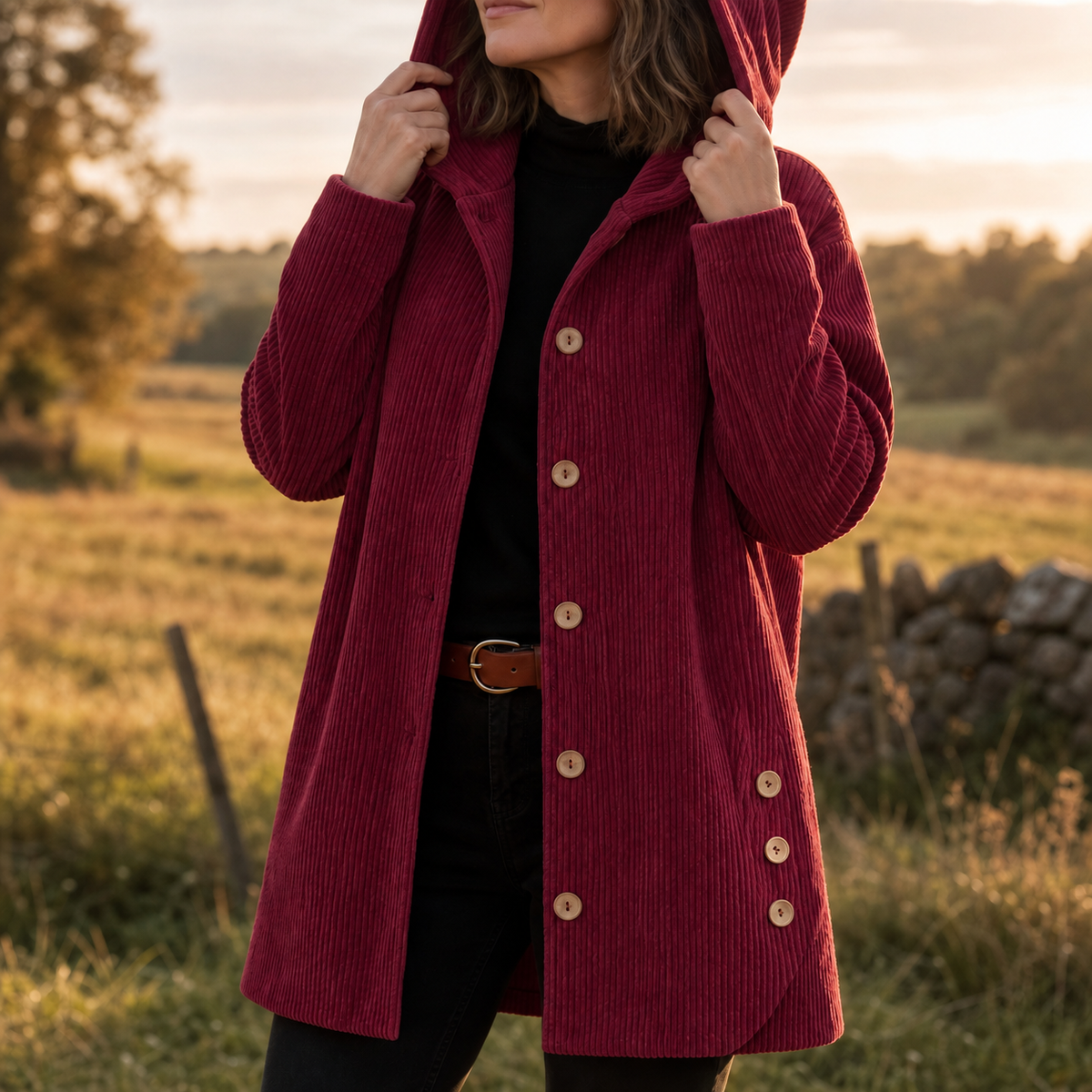 Women's Ribbed Corduroy Hooded Top - Bordeaux