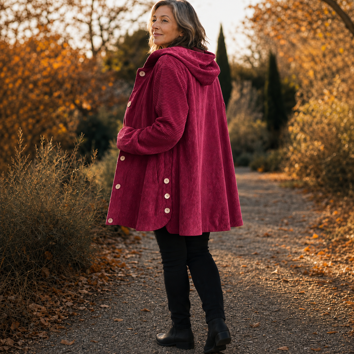 Women's Ribbed Corduroy Hooded Top - Bordeaux