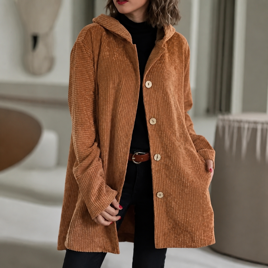 Women's Ribbed Corduroy Hooded Top - Light Brown