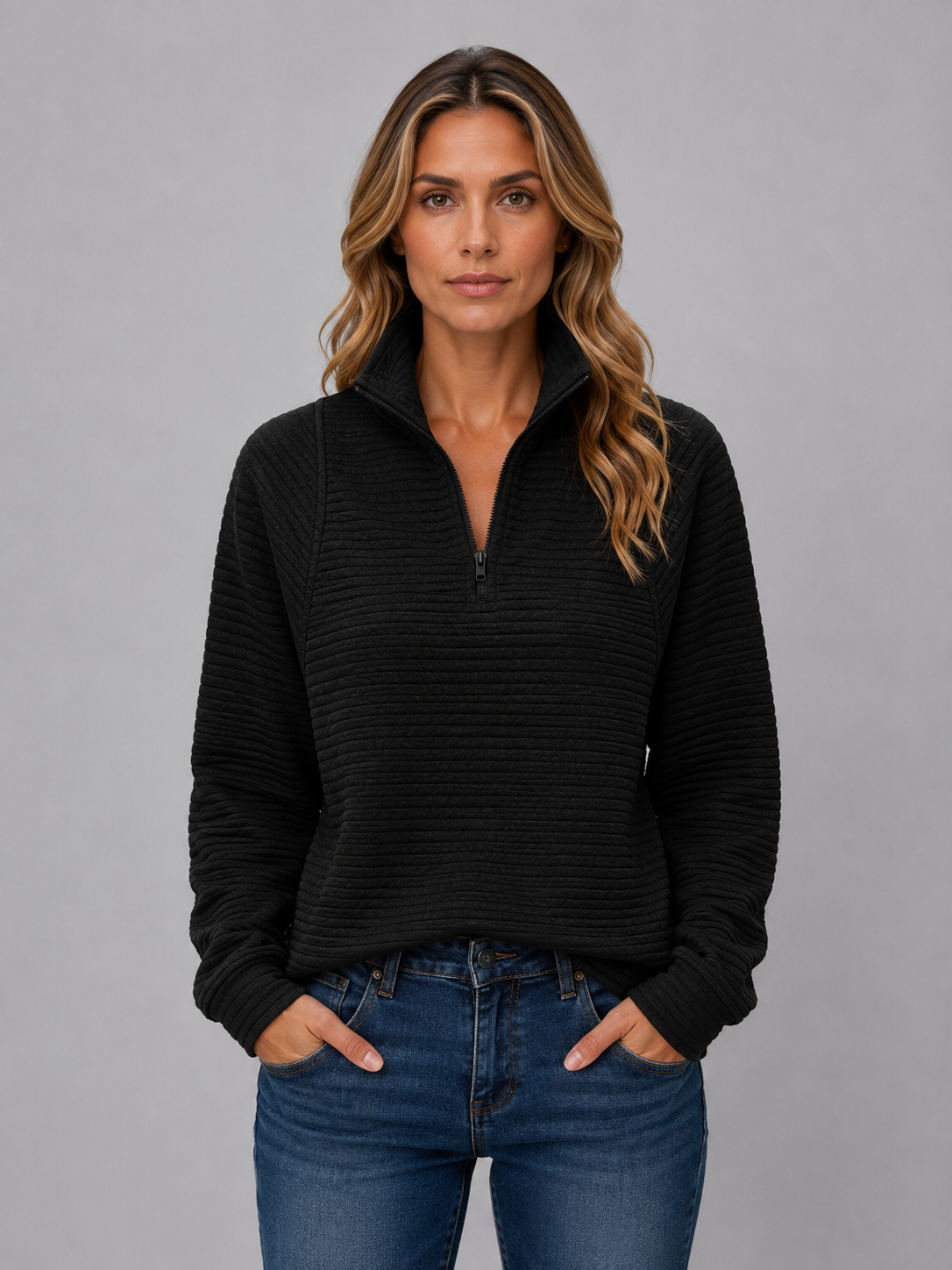 Women's Ribbed Half-Zip Knit Sweater - Black