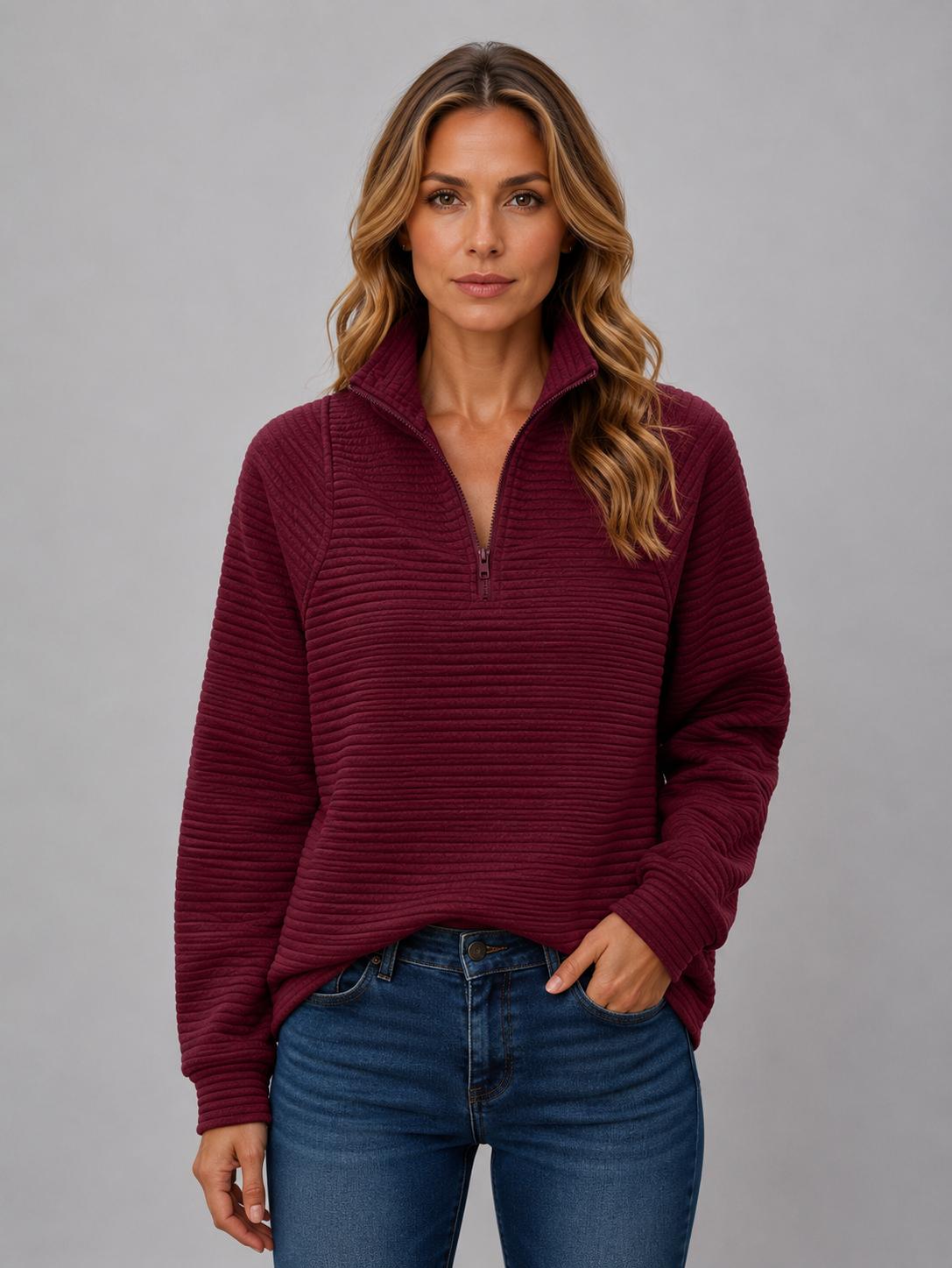 Women's Ribbed Half-Zip Knit Sweater - Burgundy