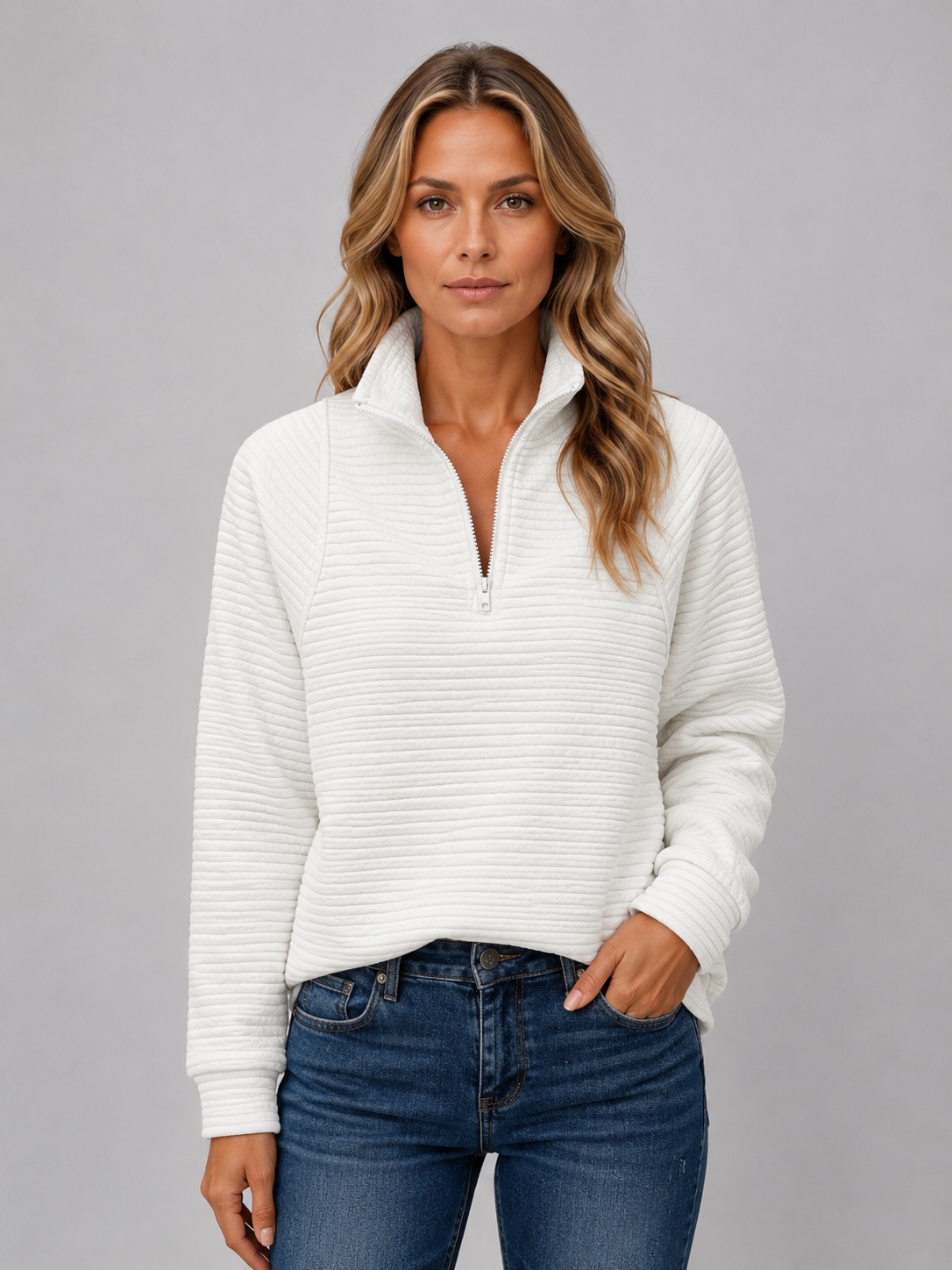 Women's Ribbed Half-Zip Knit Sweater - White
