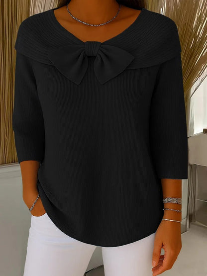 Women's Ribbed Knit Bow Sweater - Black