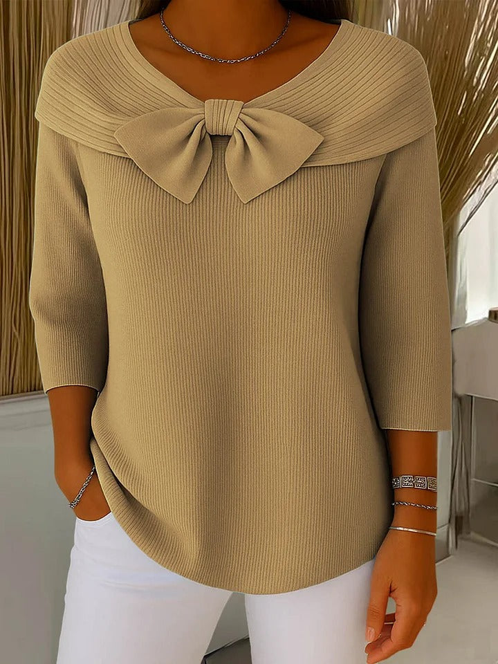 Women's Ribbed Knit Bow Sweater - Khaki
