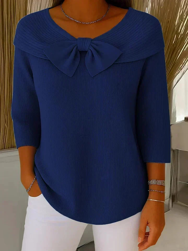 Women's Ribbed Knit Bow Sweater - Navy