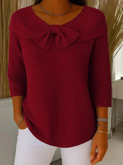 Women's Ribbed Knit Bow Sweater - Red