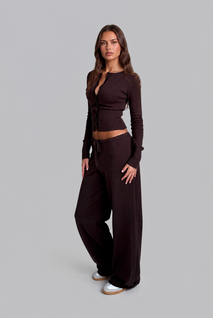 Women's Ribbed Knit Cropped Cardigan Pants Set - Brown