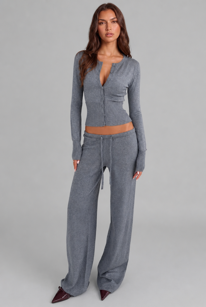 Women's Ribbed Knit Cropped Cardigan Pants Set - Gray