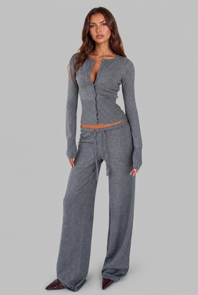 Women's Ribbed Knit Cropped Cardigan Pants Set - Gray