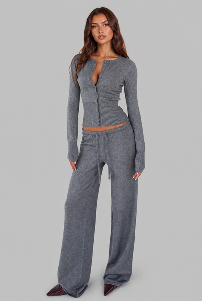 Women's Ribbed Knit Cropped Cardigan Pants Set - Gray
