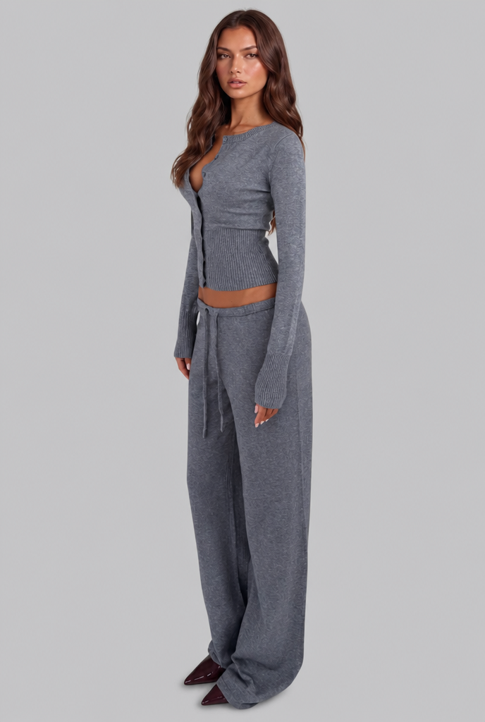 Women's Ribbed Knit Cropped Cardigan Pants Set - Gray
