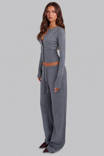 Women's Ribbed Knit Cropped Cardigan Pants Set - Gray