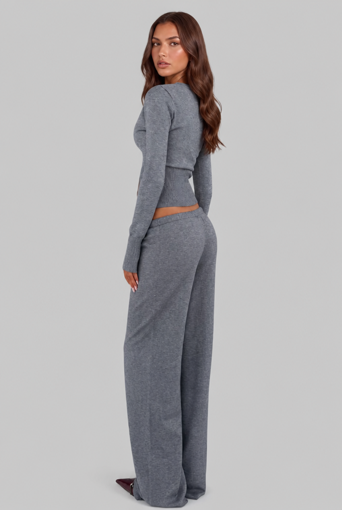 Women's Ribbed Knit Cropped Cardigan Pants Set - Gray
