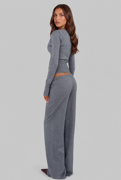 Women's Ribbed Knit Cropped Cardigan Pants Set - Gray