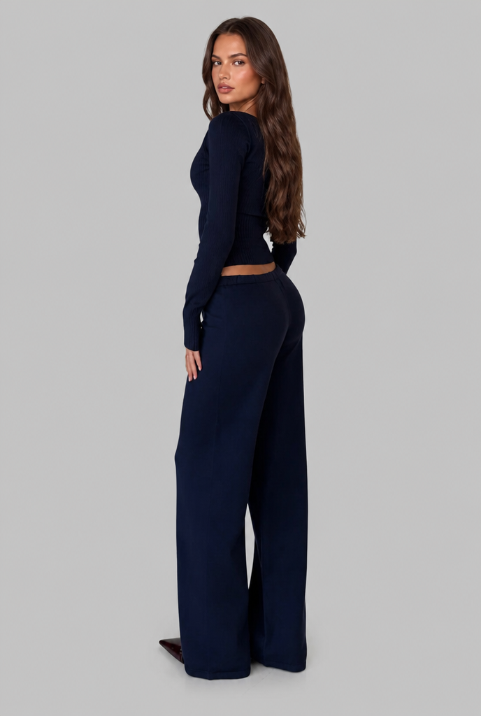 Women's Ribbed Knit Cropped Cardigan Pants Set - Navy