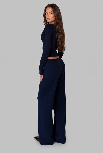 Women's Ribbed Knit Cropped Cardigan Pants Set - Navy